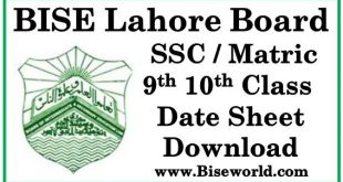 Online Lahore Board 9th Class Date Sheet 2023
