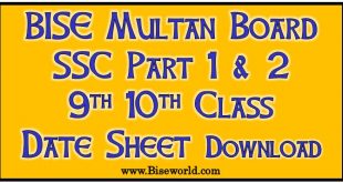BISE Multan Matric Date Sheet 2023 Multan Board