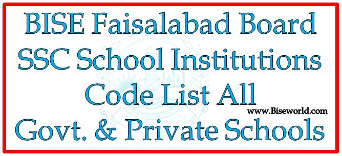 Matric/SSC School Institutions Codes List 2018 BISE Faisalabad Government/Private