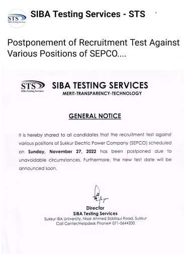 Sindh SIBA Sepco Written Test 2022 Date and Time 
