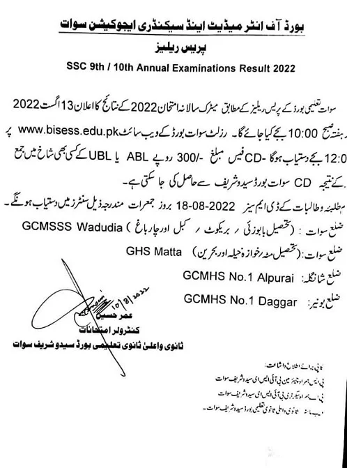 Bise Swat Board 9th Class & 10th Class Annual Result 2022