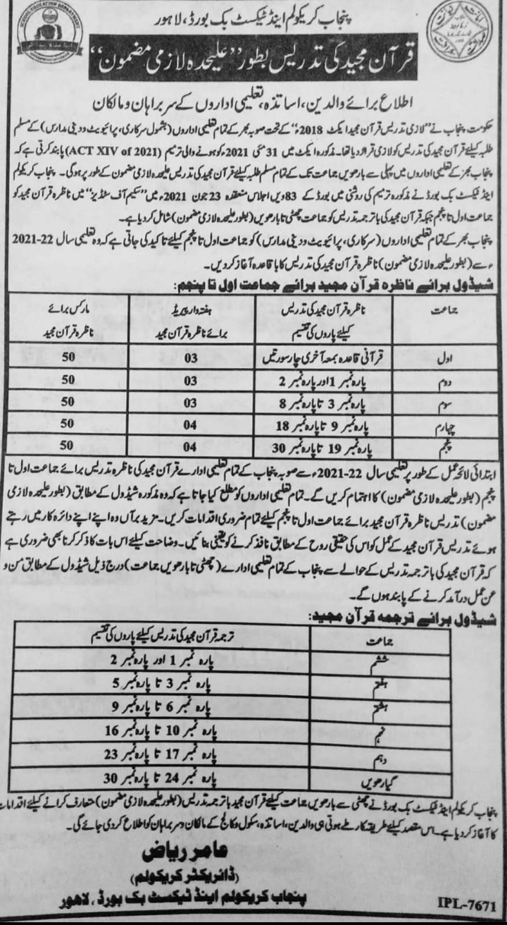 Holy Quran Compulsory Subject 1st to 12th Class