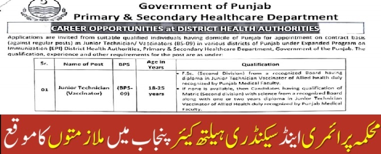 Punjab Health Care Junior Technician Vaccinator Jobs 2021