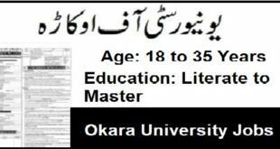 University of Okara Jobs 2022 Advertisement, Result, Online Apply