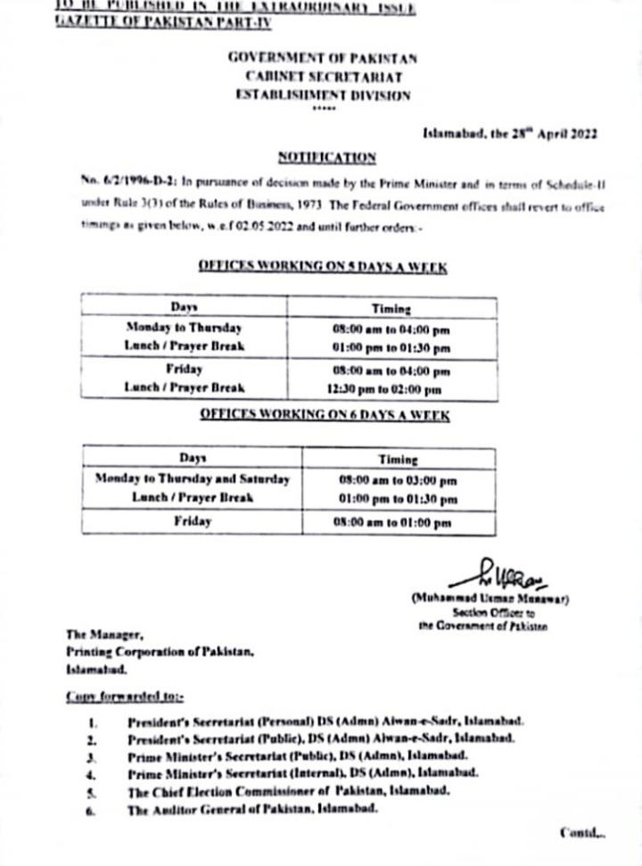 Office Timings Federal Government Notification Today