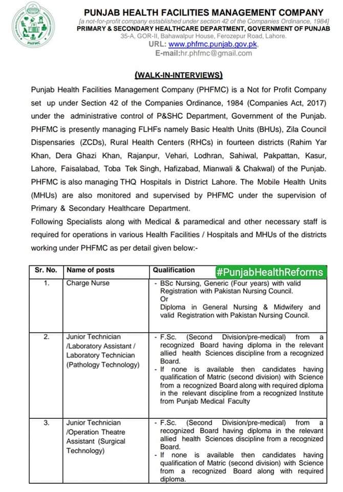 Punjab Health Facilities Management Company Jobs 2022 Advertisement