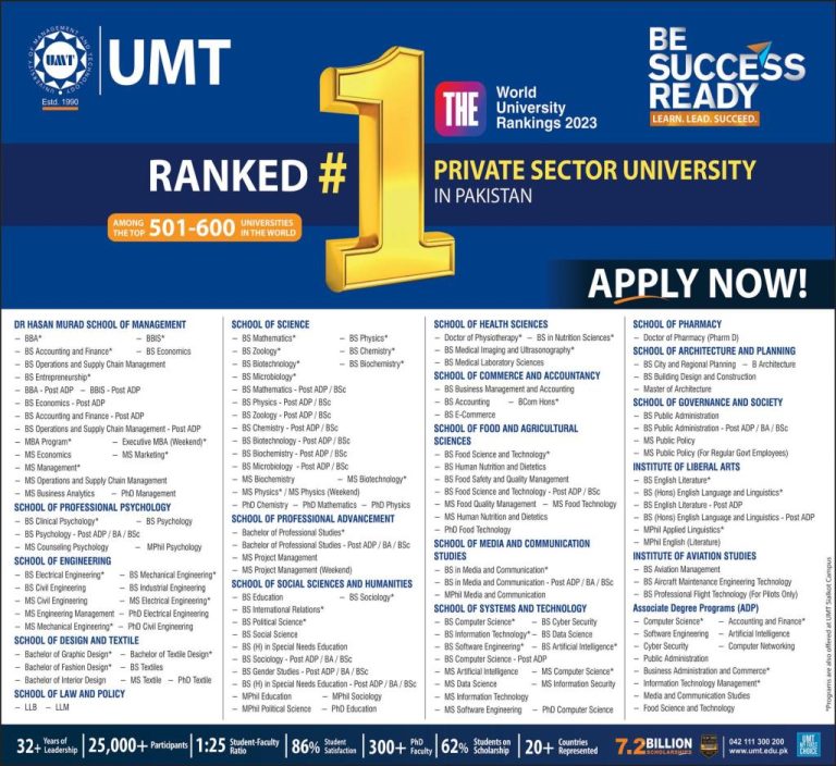 UMT Lahore Admission 2024 Online Apply/Eligibility Criteria