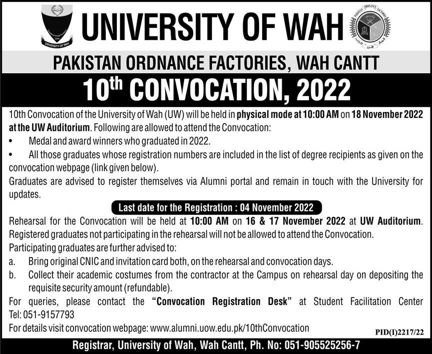 University of Wah Convocation 2022 10th Convocation Registration Form