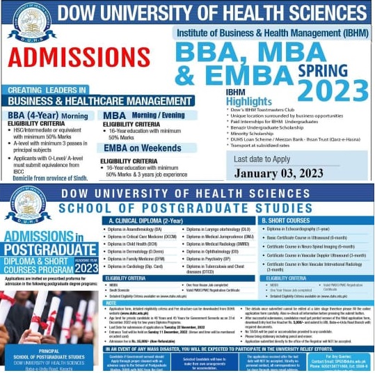 Dow University of Health Science Admission 2023 BBA, MBA, EMBA