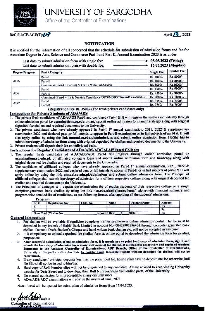 UOS Fee Structure University of Sargodha Admission Fee Schedule 2023 Exam Date Announced