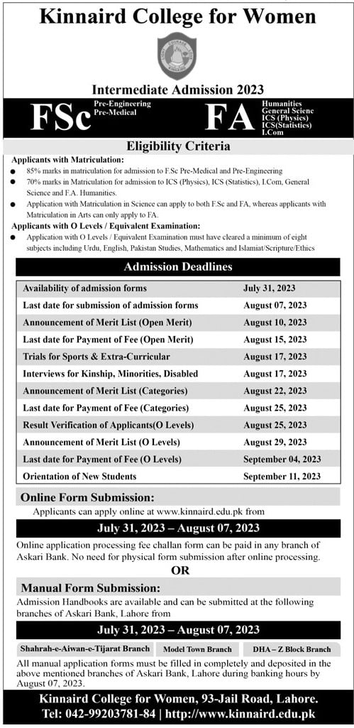 Kinnaird College Admission for Women Online Apply 2023