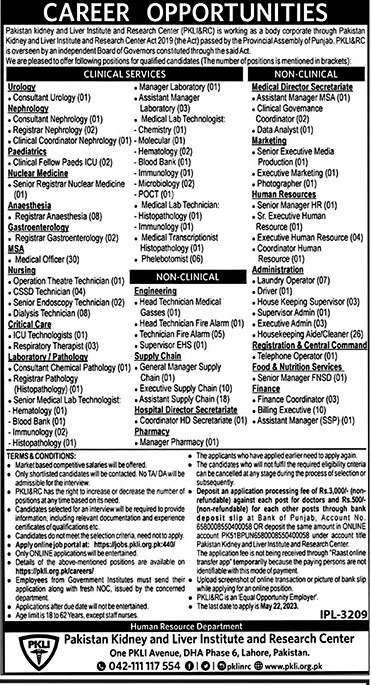 Pakistan Kidney And Liver Institute Lahore Jobs 2023 Advertisement
