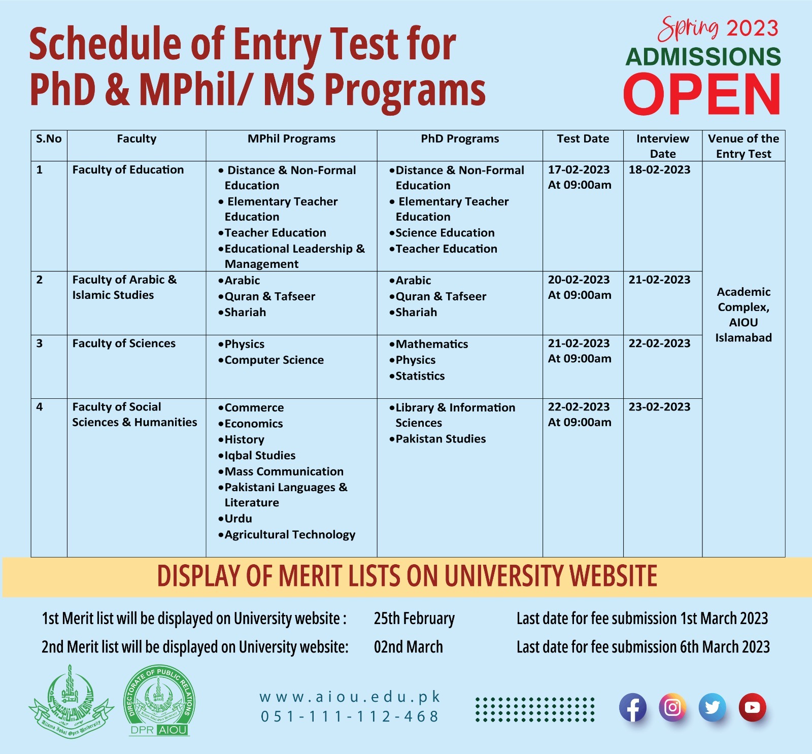 AIOU Entry Test Schedule 2023 MS Program, Mphil and PHD Admission/Merit List
