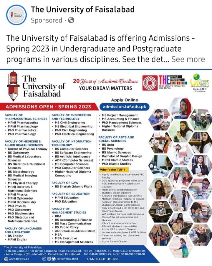 The University of Faisalabad Admission 2023 www.tuf.edu.pk Online Admission Fee Structure