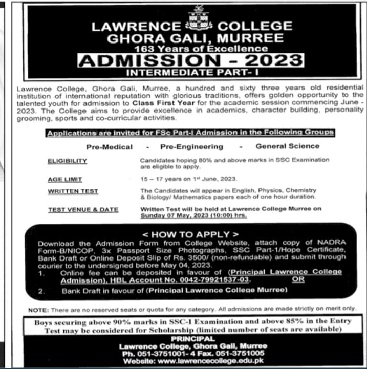 Lawrence College Murree Admission 2023 Online Apply for FSC Part 1 Pre Medical, Pre Engineering