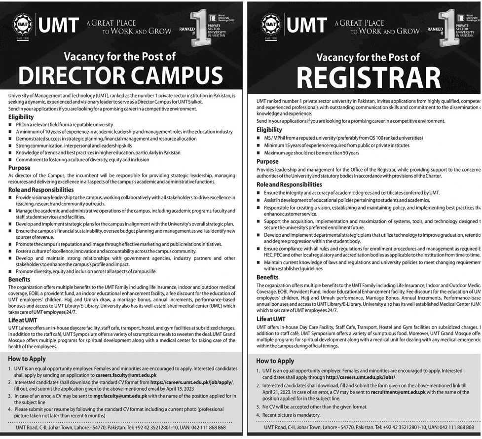 UMT Jobs 2023 Online Apply University of Management and Technology