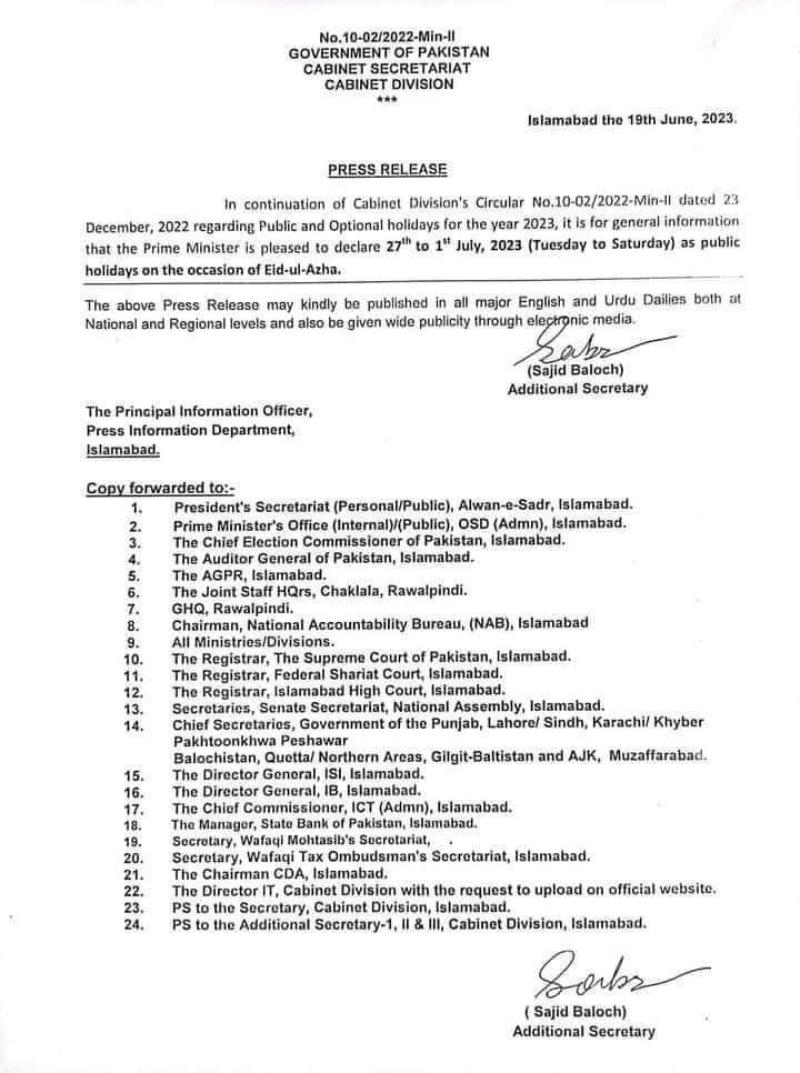 Eid ul Adha Holidays 2023 in Pakistan 27th June to 1st July 2023