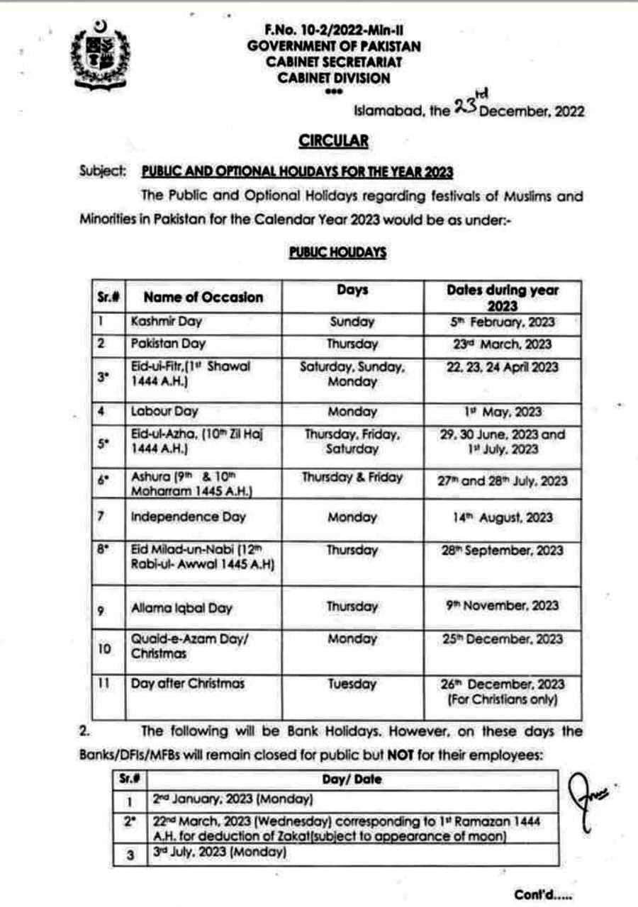 Public Holidays in Pakistan 2023 Gazette Leaves