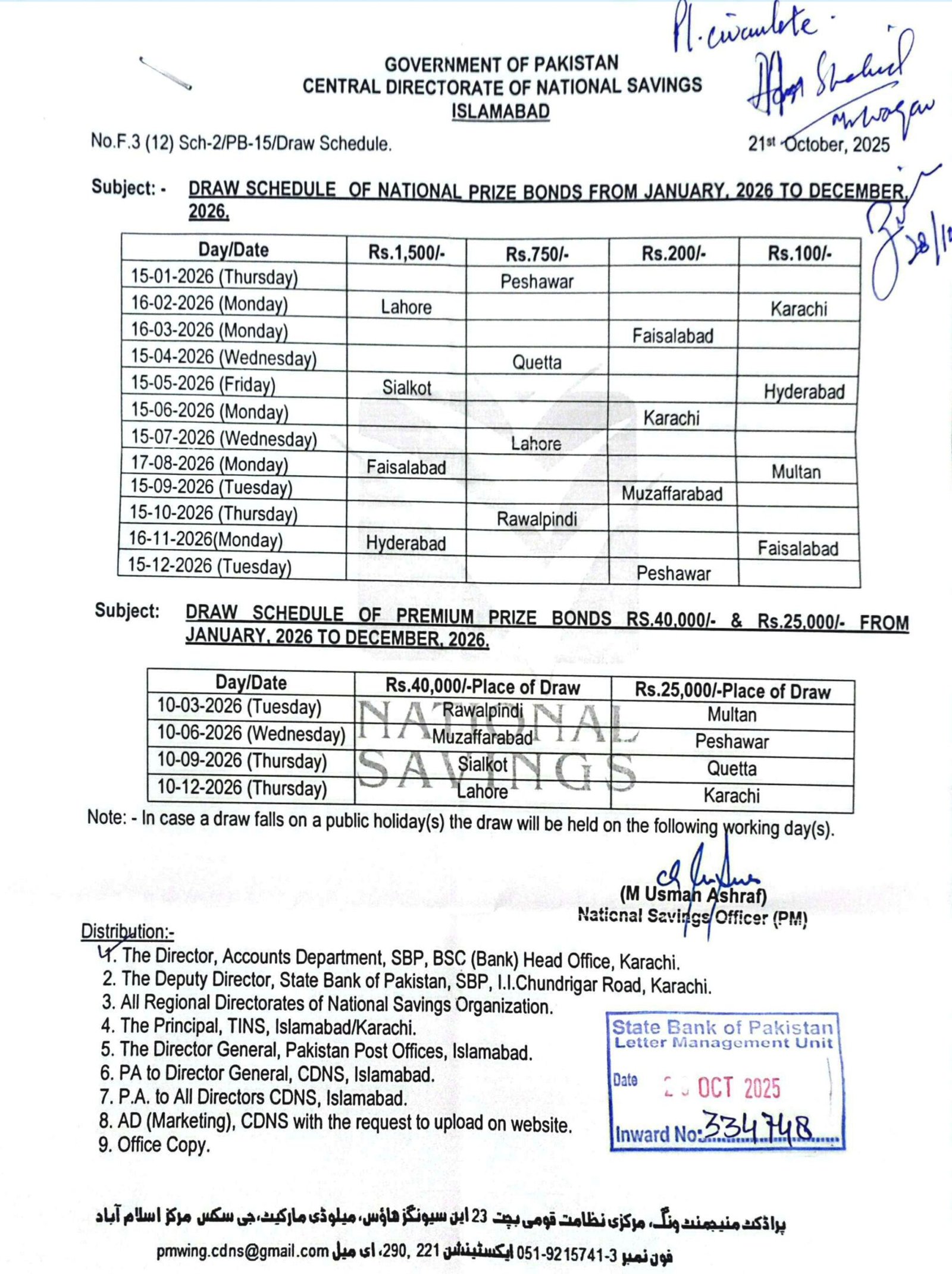 Prize Bond Schedule 2026