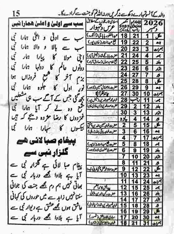 December Jantri 2026