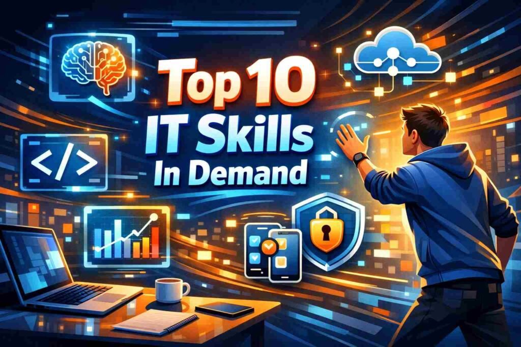 Top 10 in demand IT skills icons and tech career